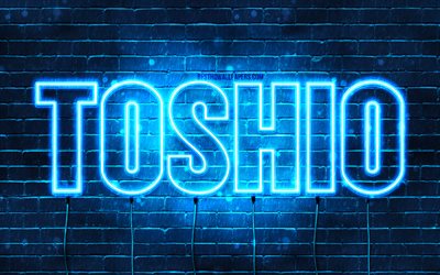 Happy Birthday Toshio, 4k, blue neon lights, Toshio name, creative, Toshio Happy Birthday, Toshio Birthday, popular japanese male names, picture with Toshio name, Toshio