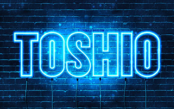 Feliz Anivers&#225;rio Toshio, 4k, luzes de n&#233;on azuis, nome Toshio, criativo, Toshio Feliz Anivers&#225;rio, Anivers&#225;rio Toshio, nomes masculinos japoneses populares, foto com o nome Toshio, Toshio