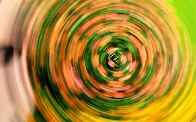Fond de Vortex vert orange, 4k, abstraction circulaire, fond de cercles orange vert, fond cr&#233;atif