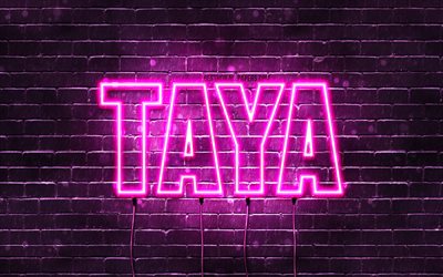 Feliz anivers&#225;rio, Taya, 4k, luzes de n&#233;on rosa, nome de Taya, criativo, Taya Feliz anivers&#225;rio, Taya Birthday, nomes femininos japoneses populares, foto com o nome de Taya