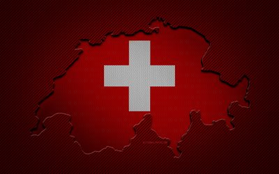 İsviçre haritası, 4k, Avrupa ülkeleri, İsviçre bayrağı, kırmızı karbon arka plan, İsviçre harita silueti, Avrupa, İsviçre
