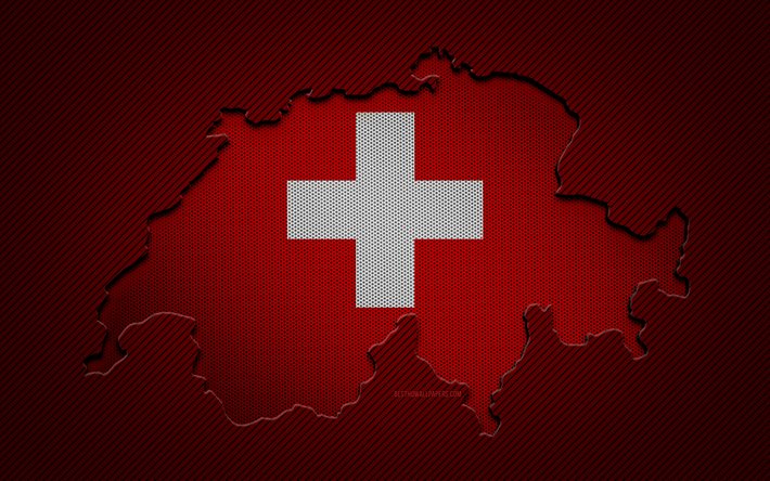 スイスの地図, 4k, ヨーロッパ諸国, スイス国旗, 赤い炭素の背景, スイスの地図のシルエット, ヨーロッパ, スイス, スイスの旗