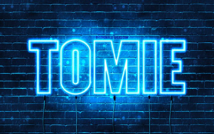 Joyeux anniversaire Tomie, 4k, n&#233;ons bleus, nom Tomie, cr&#233;atif, joyeux anniversaire Tomie, anniversaire Tomie, noms masculins japonais populaires, photo avec nom Tomie, Tomie