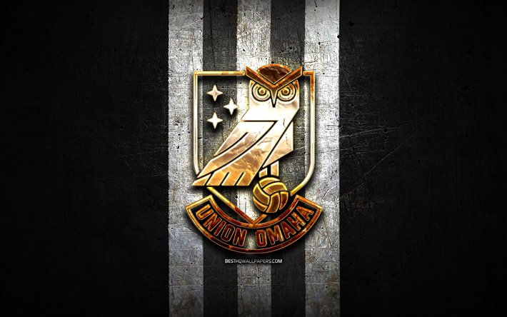 ユニオンオマハFC, 金色のロゴ, USLリーグ1, ブラックメタルの背景, アメリカのサッカークラブ, ユニオンオマハのロゴ, サッカー, ユニオンオマハ