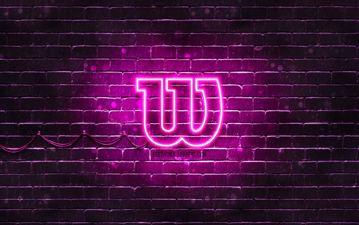 ウィルソン紫のロゴ, 4k, 紫のレンガの壁, ウィルソンのロゴ, お, ウィルソンネオンロゴ, ウィルソン