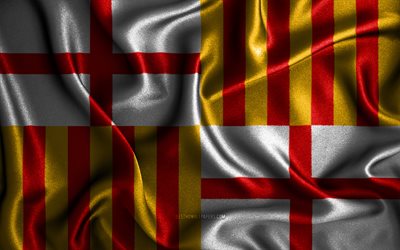 Barcelona flag, 4k, silk wavy flags, spanish cities, Day of Barcelona, Flag of Barcelona, fabric flags, 3D art, Barcelona, cities of Spain, Barcelona 3D flag