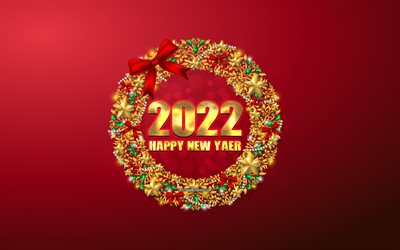 Feliz a&#241;o nuevo 2022, 4k, 2022 conceptos, fondo rojo de Navidad, a&#241;o nuevo 2022, corona de Navidad dorada, 2022 feliz a&#241;o nuevo, 2022 fondo de Navidad, tarjeta de felicitaci&#243;n 2022