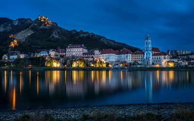 Durnstein, night, lake, reflection, Austria