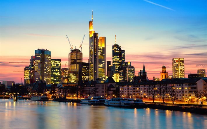 Frankfurt am main, gratte-ciel, panorama, ville de soir&#233;e, Deutschland, Allemagne