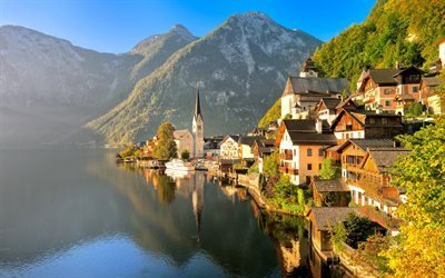 Mountains, Alps, autumn, mountain lake, Salzkammergut, Hallstatt, Austria