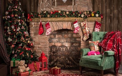 Christmas, fireplace, interior, Christmas tree, Christmas decorations, New Year