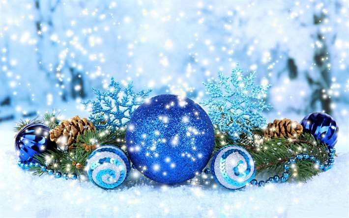 Joulukoristeita, sininen joulua pallot, Joulu, Joulun leluja, lumi