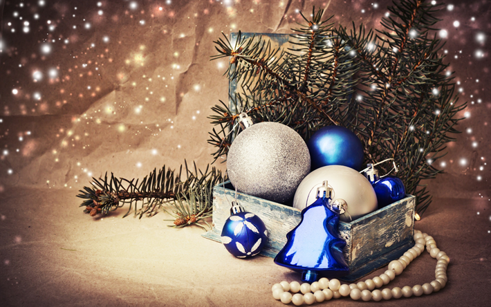 Christmas decoration, New Year, blue Christmas balls, Christmas tree