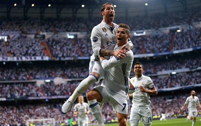 Sergio Ramos, Cristiano Ronaldo, futbol, Real Madrid, 4k, UEFA Şampiyonlar Ligi, İspanya
