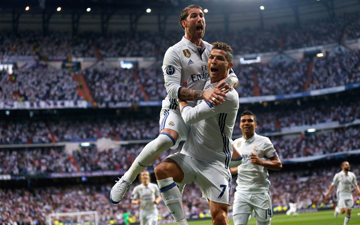 Sergio Ramos, Cristiano Ronaldo, calcio, Real Madrid, 4k, La Liga, Spagna
