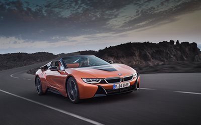 BMW i8, 2019, sports electric car, new i8, orange roadster, road, speed, BMW