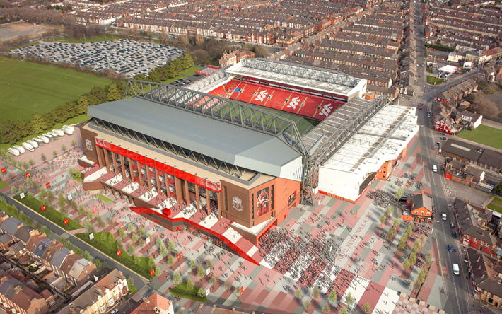 Anfield, estadio de f&#250;tbol, 4k, vista desde arriba, de Liverpool, Inglaterra, reino unido