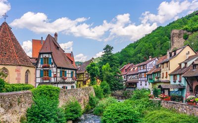 Kaysersberg, gamla hus, river, sommar, Frankrike, Europa