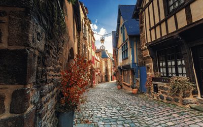 Dinan, antiga rua, casas, pavimento, Bretanha, Fran&#231;a, Europa
