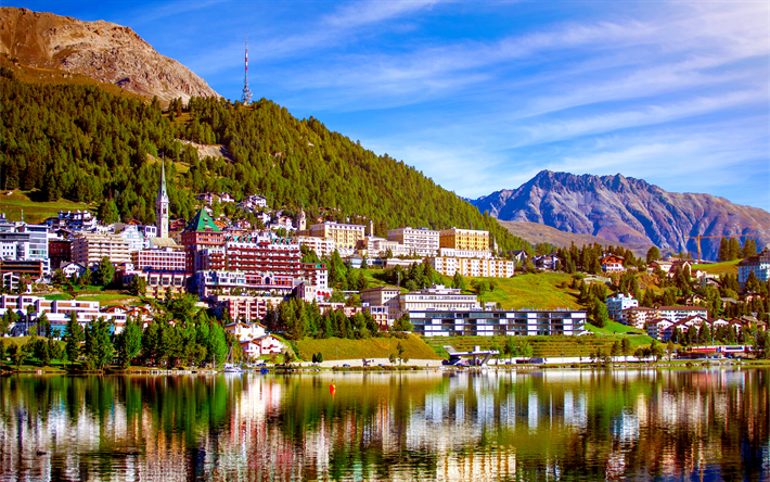 St Moritz, 4k, lago, monta&#241;as, verano, Suiza, Europa