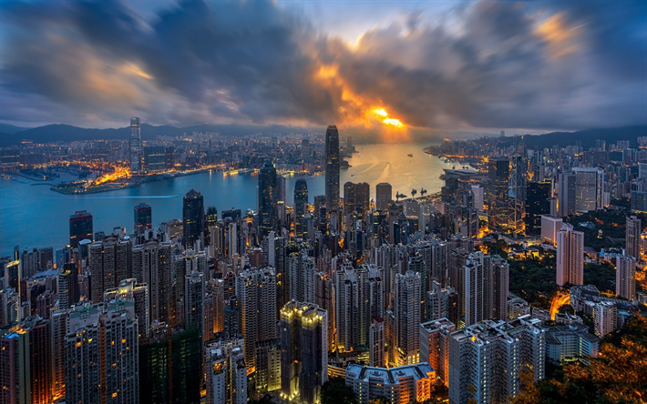 Hong Kong, Centro de Comercio Internacional, Sky100, Centro financiero Internacional, rascacielos, puesta de sol, bah&#237;a, China