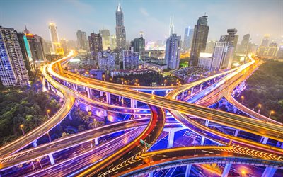 Shanghai, 4k, cruce de carreteras, paisajes nocturnos, de carreteras, de Asia, de China