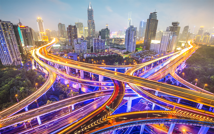 Shanghai, 4k, jonction de route, les paysages nocturnes, de l&#39;autoroute, de l&#39;Asie, de la Chine