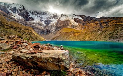 glacial lake, mountain landscape, fog, emerald mountain lake