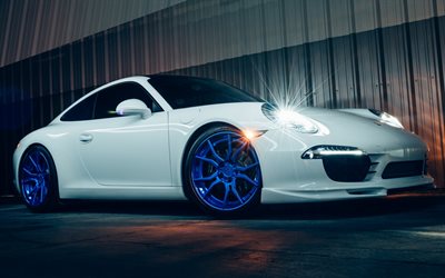Porsche 911 GT3, 2017, white sports coupe, blue wheels, tuning, German cars, Carerra, White 911, Porsche