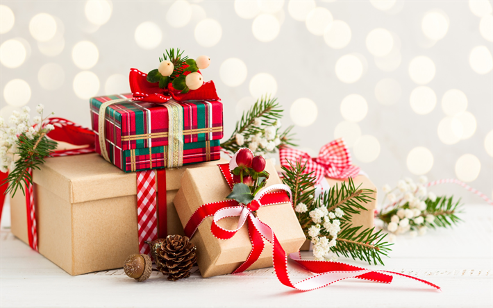 Christmas gifts, New Year, Christmas, cones, Christmas tree