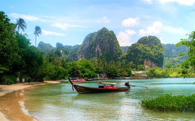 isla tropical, playa, bosque tropical, Tailandia, rocas, mar, turismo, barco