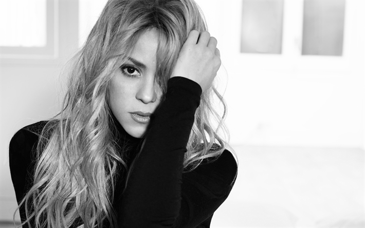 Shakira monocromo, retrato, la cantante Colombiana, cantantes famosos, mujer hermosa