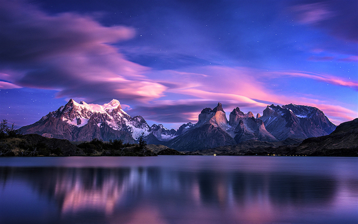 Patagonia, nightscapes, mountains, lake, Chile