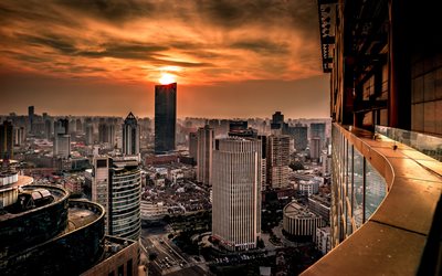 Shanghai, Huangpu, puesta de sol, edificios modernos, China, Asia