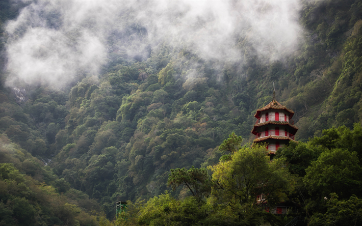 Taroko Gorge, Taiwan, Chinese architecture, temple, mountain landscape, fog