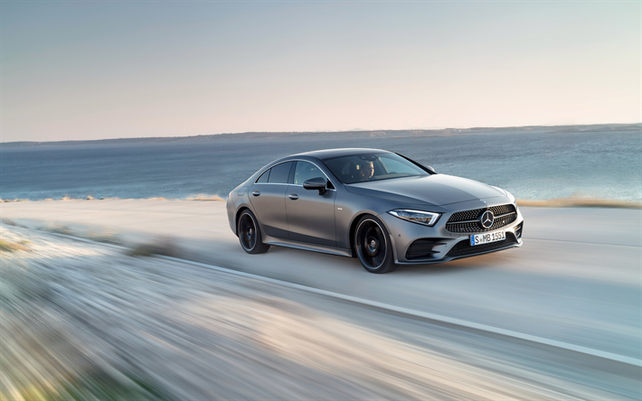 Mercedes-Benz CLS, 2019, gris mate sed&#225;n, el nuevo CLS, la carretera, la velocidad, Mercedes