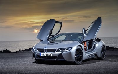 BMW i8, 2019, 新しいグレー i8, スポーツクーペ, 電気自動車, ドイツ車, BMW