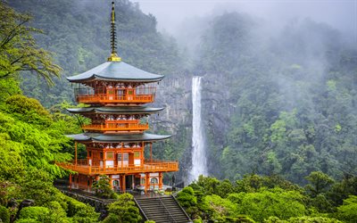 Seiganto-ji Temple, 4k, Nachi Falls, japanese landmarks, Kii Peninsula, Japan, Asia