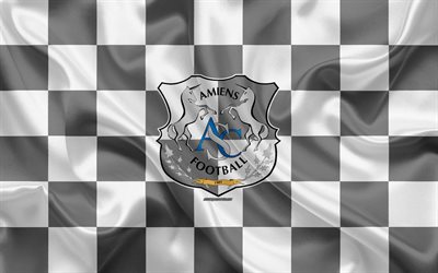 Amiens SC, 4k, logo, creative art, white gray checkered flag, French football club, Ligue 1, emblem, silk texture, Amiens, France, football