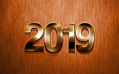 2019 Year, golden 3d letters, New Year, orange creative background, 2019 creative design, art, Happy New Year