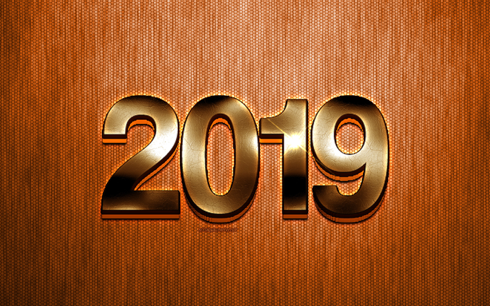 2019年, ゴールデン3d文字, 新年, オレンジ創造的背景, 2019年クリエイティブ-デザイン, 美術, 謹賀新年