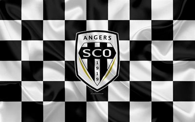 Angers SCO, 4k, logo, creative art, white black checkered flag, French football club, Ligue 1, emblem, silk texture, Angers, France, football