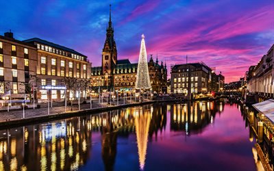 Hamburg, night, Christmas tree, street, river, Germany, Europe