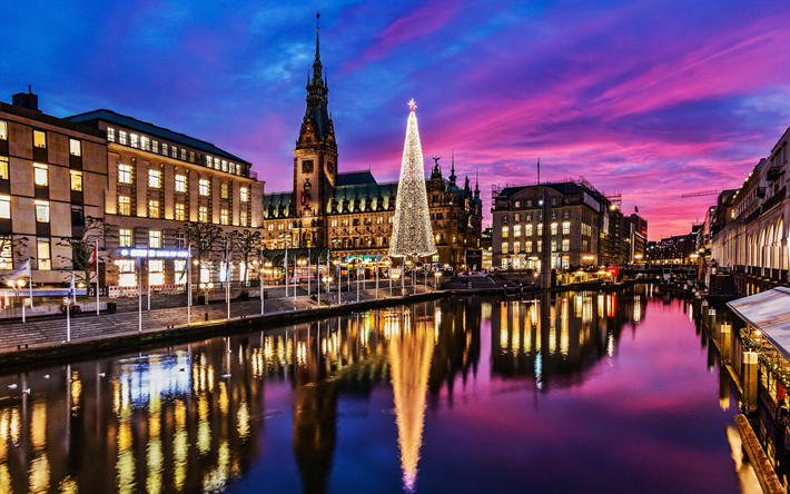 هامبورغ, ليلة, شجرة عيد الميلاد, الشارع, نهر, ألمانيا, أوروبا