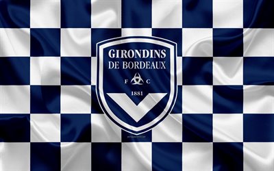 FC Girondins Bordeaux, 4k, logo, creative art, blue white checkered flag, French football club, Ligue 1, emblem, silk texture, Bordeaux, France, football