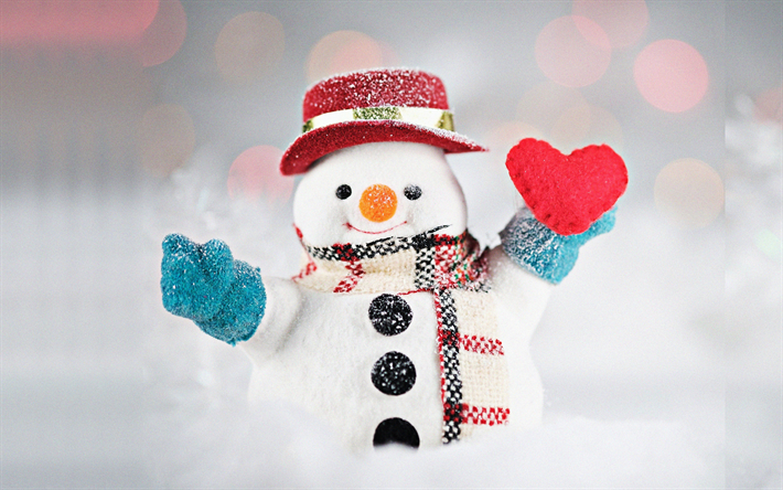 pupazzo di neve con il cuore, bokeh, Buon Natale, close-up, pupazzo di neve, inverno, abbagliamento, pupazzi di neve