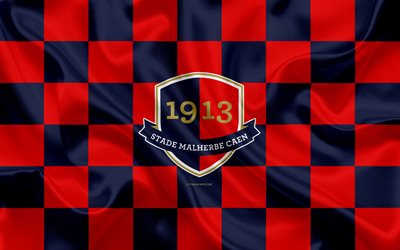 Caen FC, 4k, logo, creativo, arte, blu, rosso bandiera a scacchi, francese club di calcio, Ligue 1, emblema, seta, texture, Caen, in Francia, il calcio, Stade Malherbe Caen
