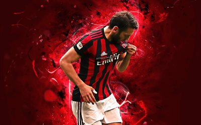 Hakan Calhanoglu, joy, AC Milan, turkish footballers, Rossoneri, soccer, Serie A, Calhanoglu, neon lights, Milan FC
