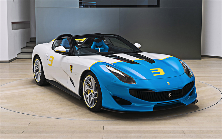 Ferrari SP3JC, 2018, 4k, vista frontale, bianco, blu roadster, SP3JC, nuovo bianco Ferrari, italiano supercar, Ferrari