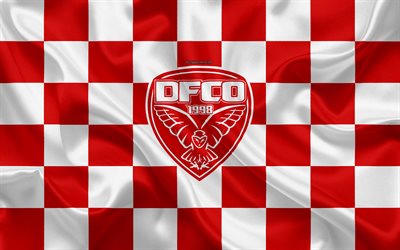 Dijon FCO, 4k, logo, creativo, arte, bianco, rosso bandiera a scacchi, francese club di calcio, Ligue 1, emblema, di seta, di texture, di Digione, in Francia, il calcio, il Dijon FC